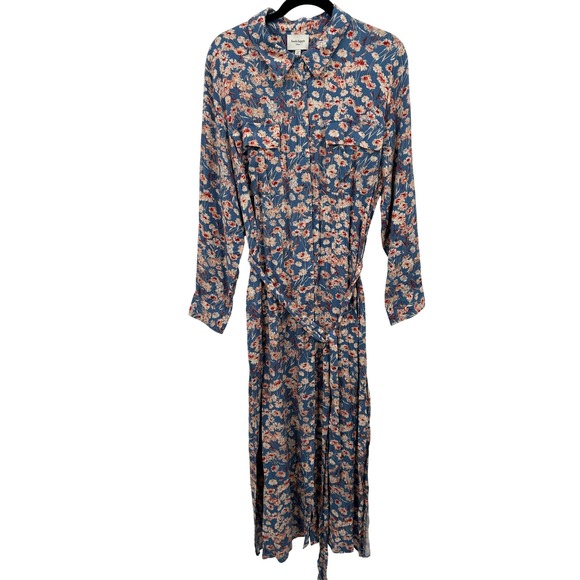 Haute Hippie Dresses & Skirts - Haute Hippie Tribe Blue Floral Long Sleeve Button Midi Shirt Dress XL Boho Indie